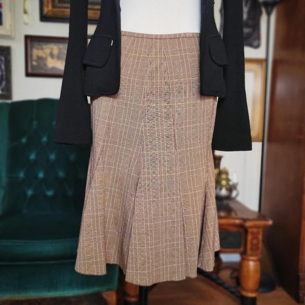 Nine West Plaid Skirt Petite Brown Tan Pleated Flare Knee Length Career 2P